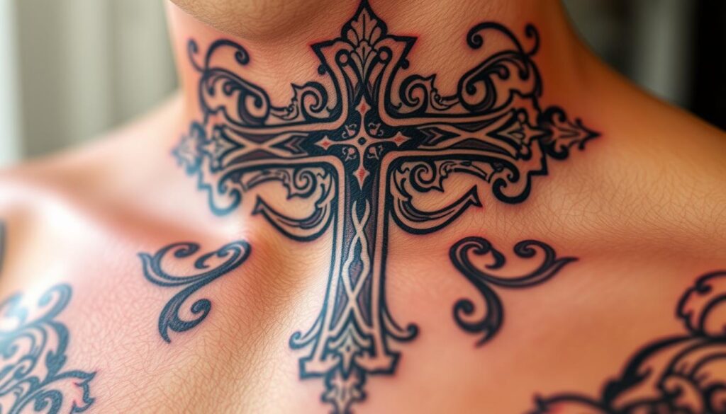 Generate an image of a cross neck tattoo with intricate details and religious symbolism.