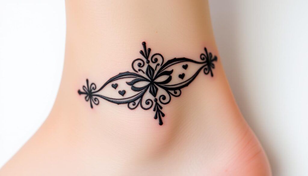 Generate an image of a delicate ankle bracelet tattoo design