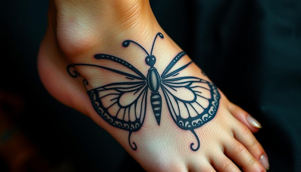 Generate an image of a delicate butterfly foot tattoo with intricate details.