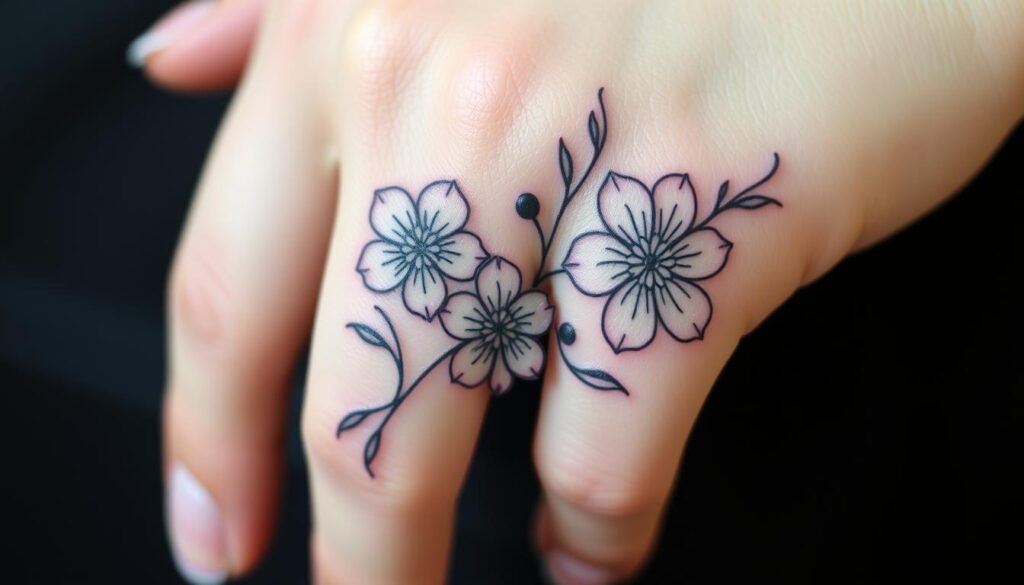 Generate an image of a delicate finger flower tattoo design.