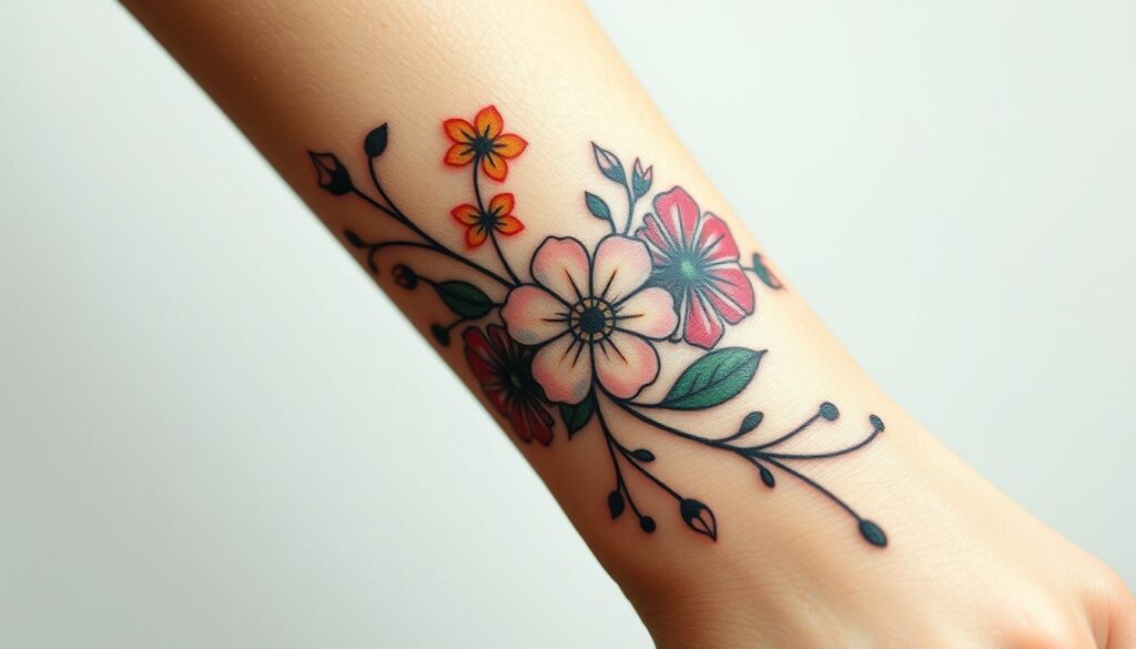 Generate an image of a delicate floral wrist tattoo symbolizing growth and new beginnings.