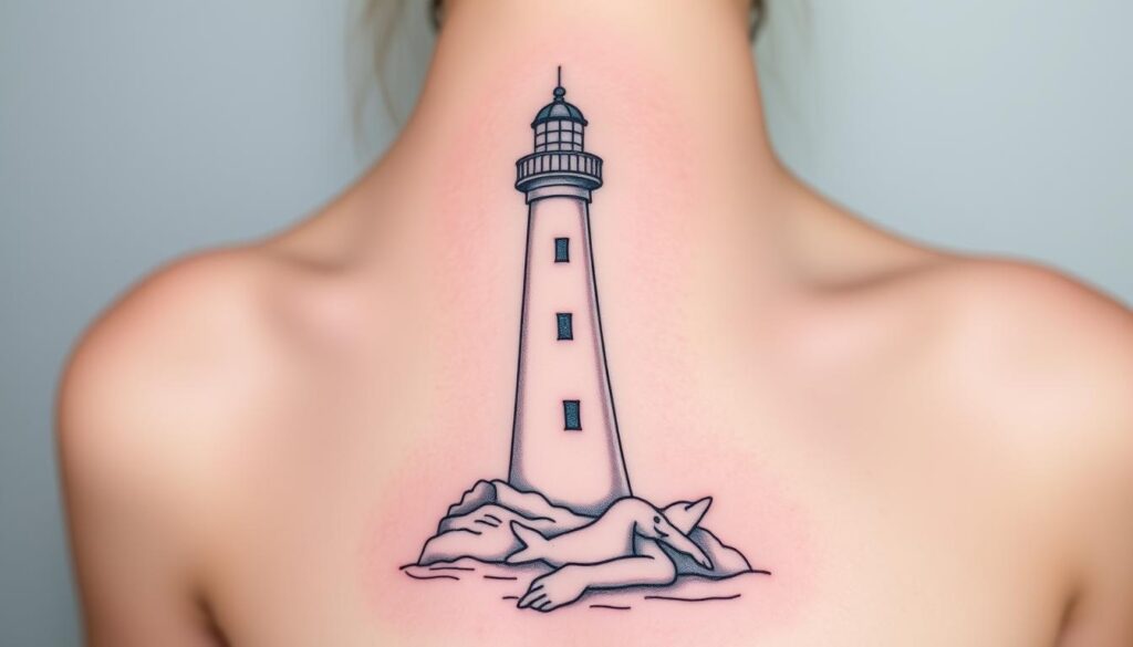 Generate an image of a delicate lighthouse tattoo design suitable for women.
