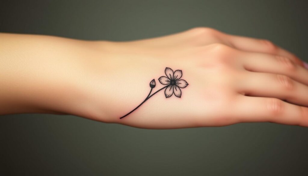 Generate an image of a delicate single stem flower tattoo on a wrist.