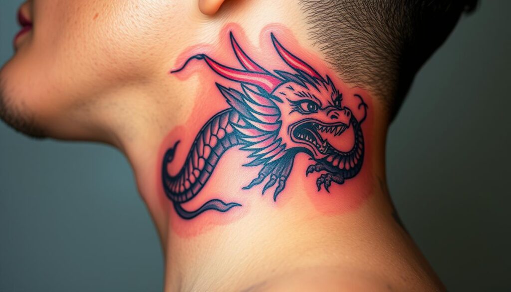 Generate an image of a dragon tattoo on the neck, showcasing its power and wisdom.