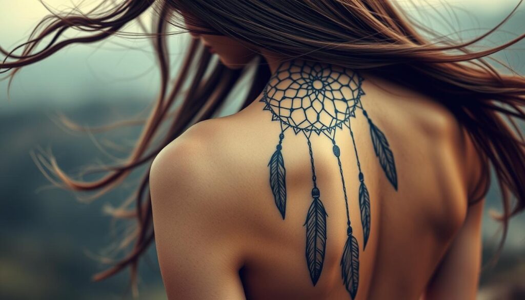 Generate an image of a dreamcatcher tattoo on a woman's back.