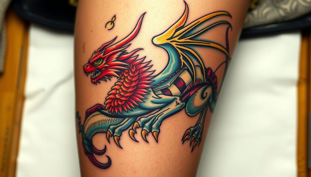 Generate an image of a fantasy thigh tattoo featuring a mythical creature.