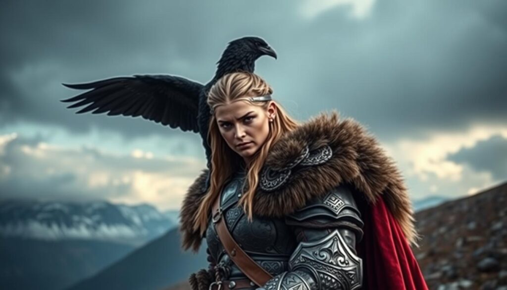 Generate an image of a female Viking warrior with a raven perched on her shoulder, symbolizing wisdom and strength.