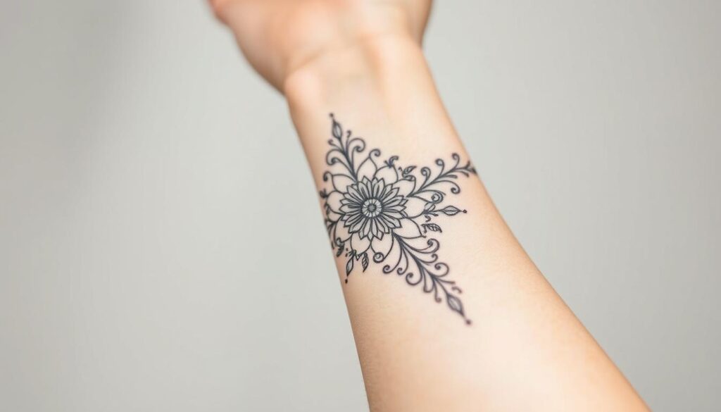 Generate an image of a fine line tattoo design on a woman's wrist.