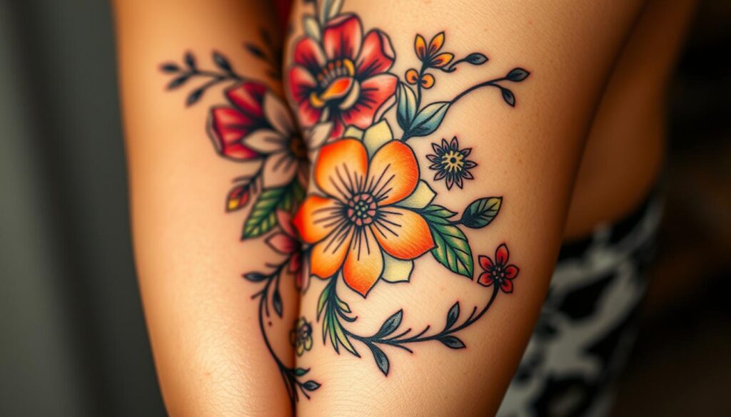 Generate an image of a floral tattoo design on the arm