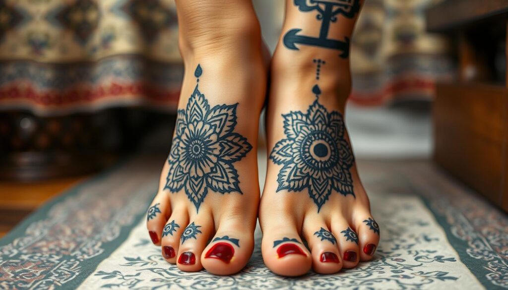 Generate an image of a foot tattoo inspired by cultural heritage