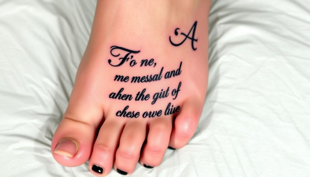 Generate an image of a foot tattoo with a short inspirational quote.