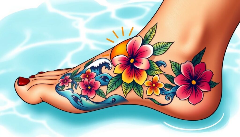 Generate an image of a foot with a summer-themed tattoo