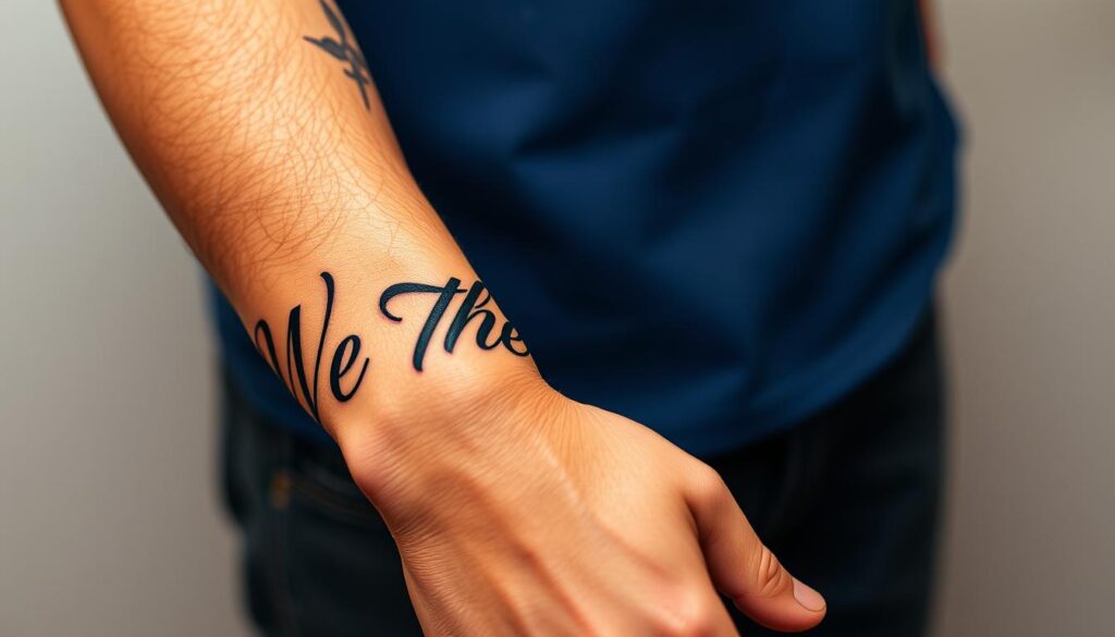 Generate an image of a forearm with a "We The People" tattoo in a classic script style.