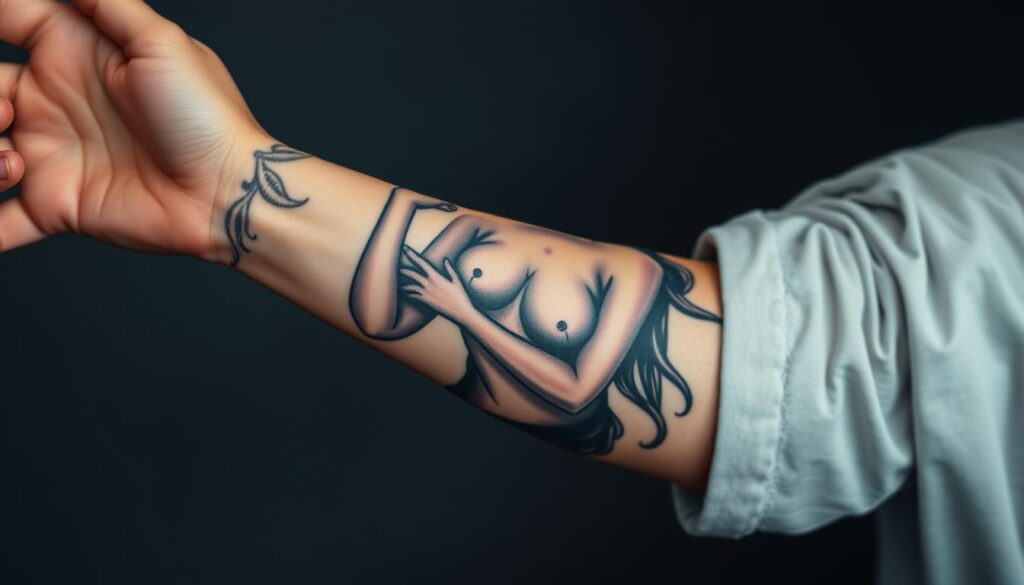 Generate an image of a forearm with a naked girl tattoo design