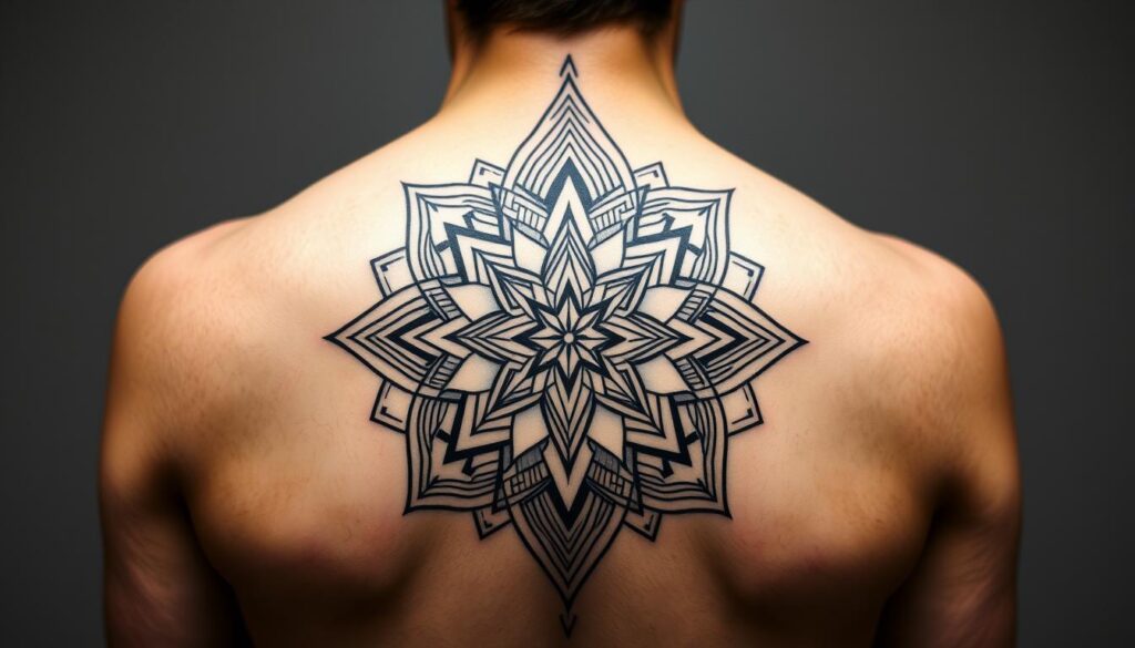 Generate an image of a geometric back tattoo design.