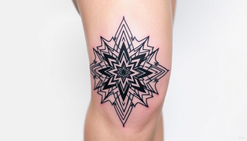 Generate an image of a geometric knee tattoo with clean lines and patterns.