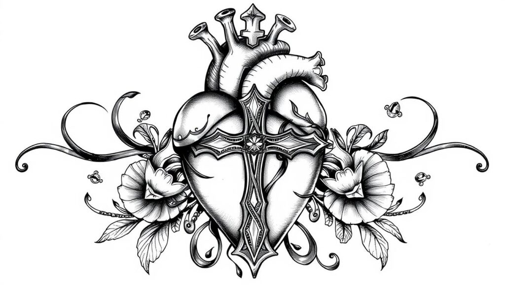 Generate an image of a heart tattoo and a cross tattoo.