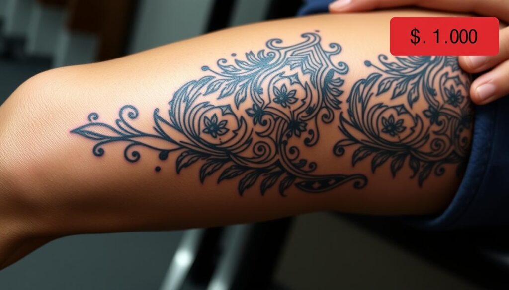 Generate an image of a knee tattoo with a price tag