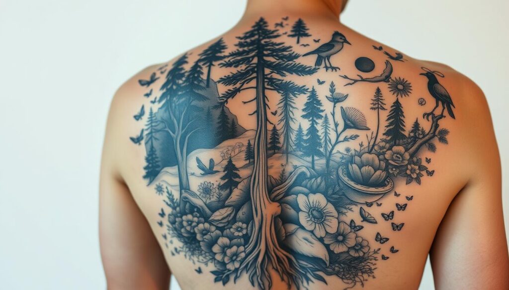 Generate an image of a large, nature-inspired tattoo on a person's back.