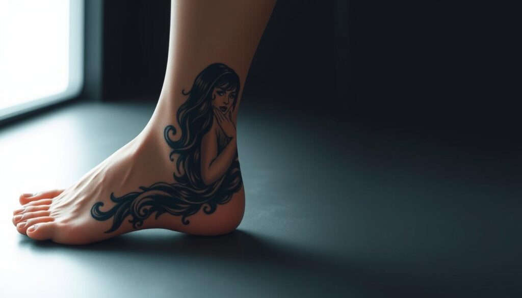 Generate an image of a leg with a larger naked girl tattoo design