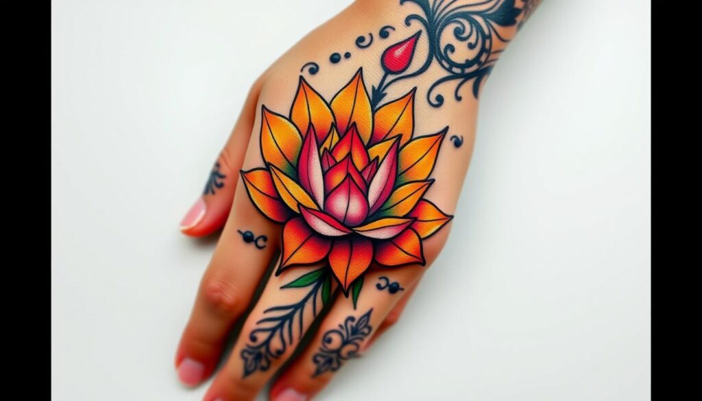 Generate an image of a lotus flower hand tattoo