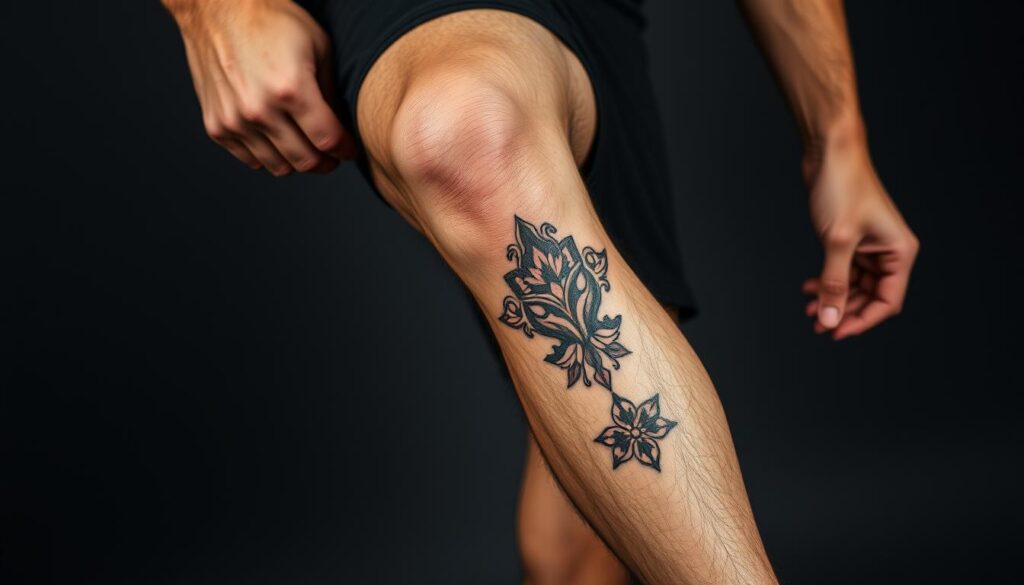 Generate an image of a man with a knee tattoo