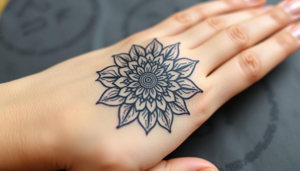 Generate an image of a mandala flower hand tattoo on the back of a hand, showcasing intricate patterns and floral beauty.