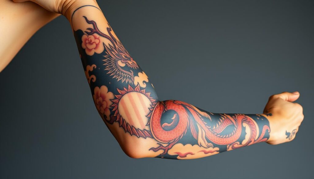 Generate an image of a man's arm with a sleeve tattoo featuring a mix of Japanese and dragon designs.