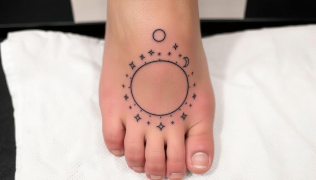 Generate an image of a minimalist celestial design on a foot