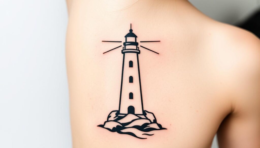 Generate an image of a minimalist lighthouse tattoo design.