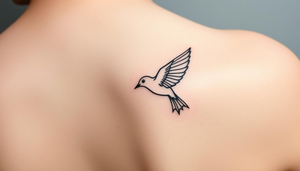 Generate an image of a minimalist line art tattoo on the shoulder featuring a small bird in flight.