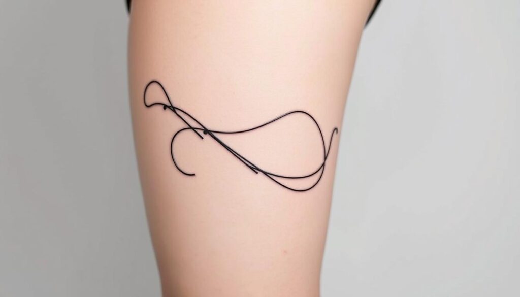 Generate an image of a minimalist line art thigh tattoo design