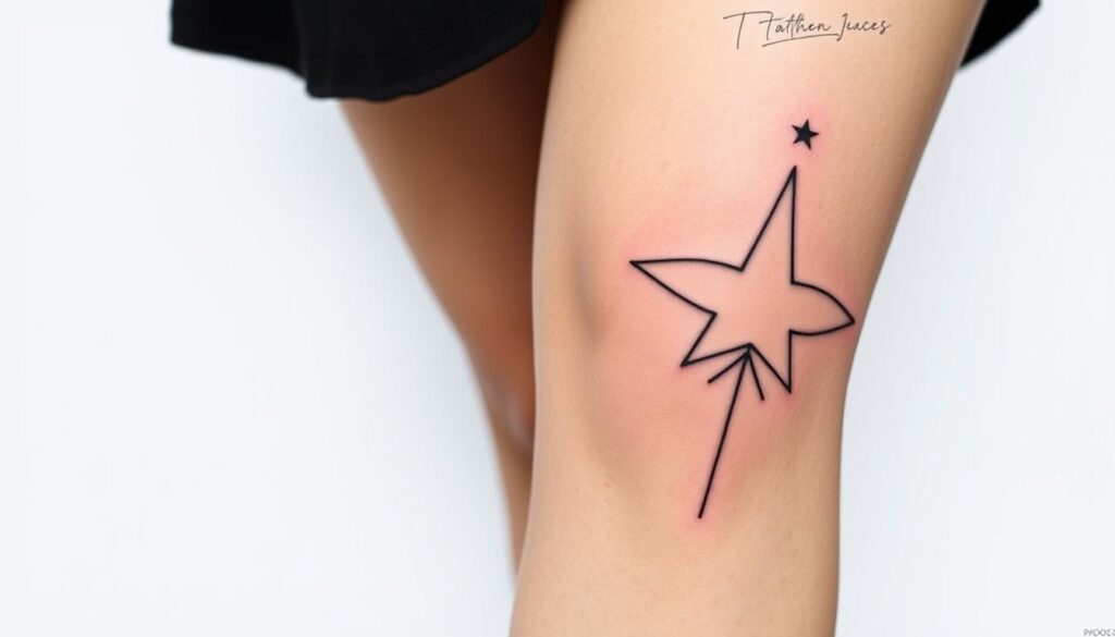 Generate an image of a minimalist star tattoo design around the knee.