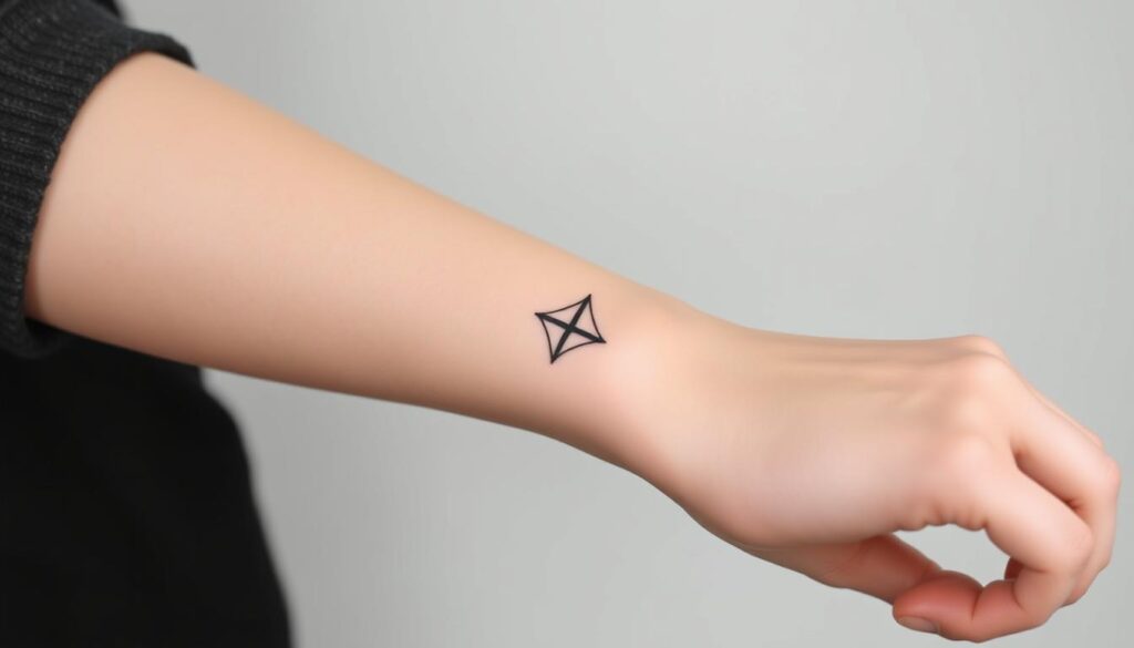 Generate an image of a minimalist tattoo design on a girl's wrist.