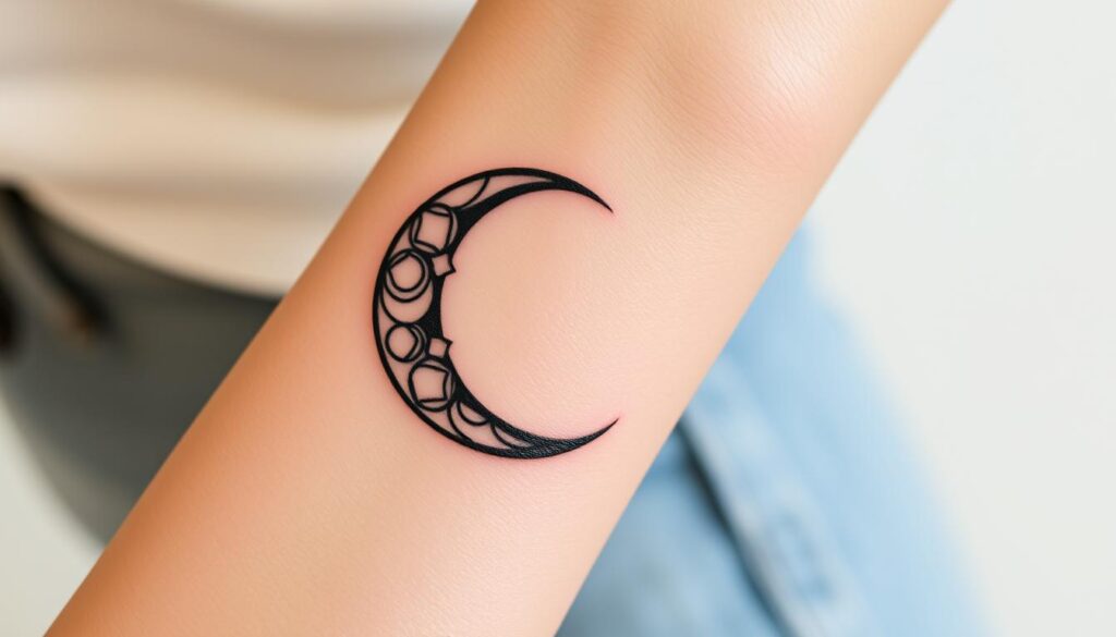 Generate an image of a moon tattoo on a woman's wrist.