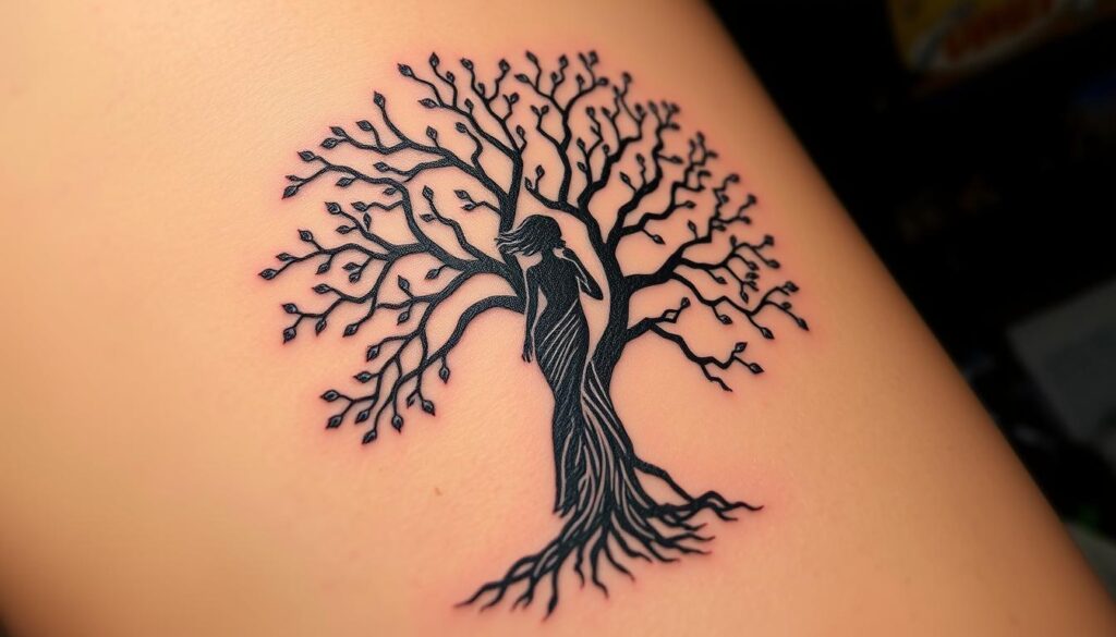 Generate an image of a naked woman tree tattoo