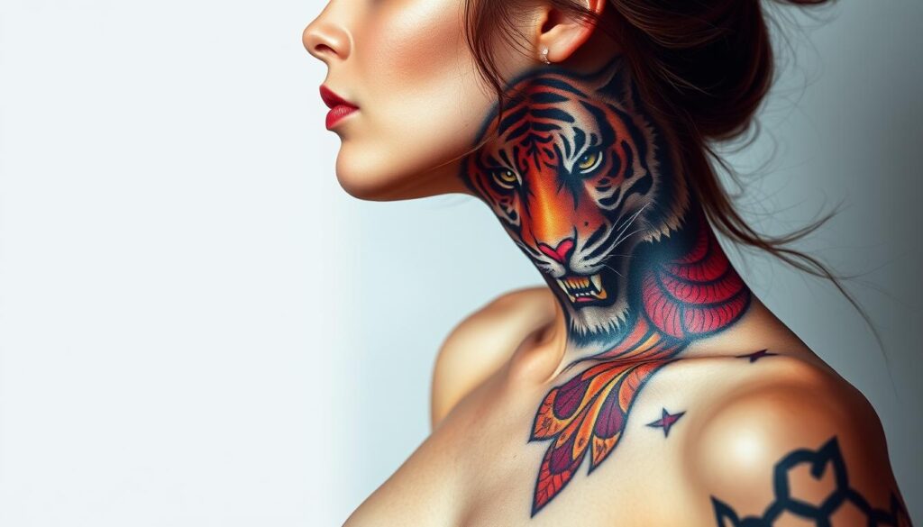 Generate an image of a naked woman with a tiger tattoo