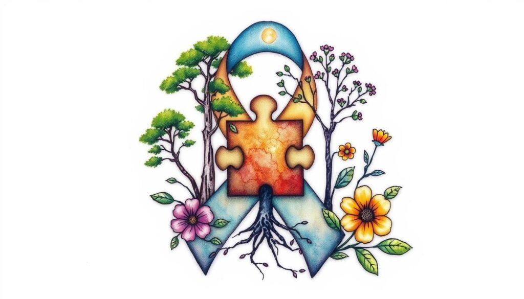 Generate an image of a nature-inspired autism tattoo design