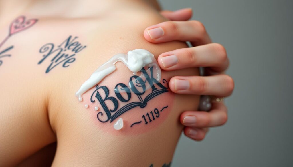 Generate an image of a person gently washing their new book tattoo with soap and water.