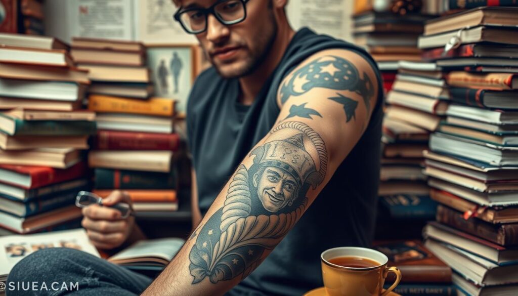 Generate an image of a person with a book tattoo on their arm, surrounded by books and reading accessories.