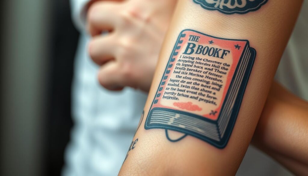 Generate an image of a person with a book tattoo on their forearm, showcasing a detailed book cover design.