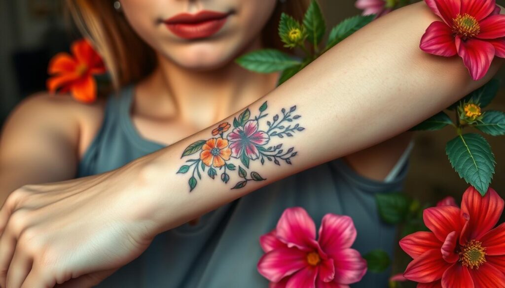 Generate an image of a person with a nature-inspired medium tattoo on their forearm, surrounded by flowers and leaves.