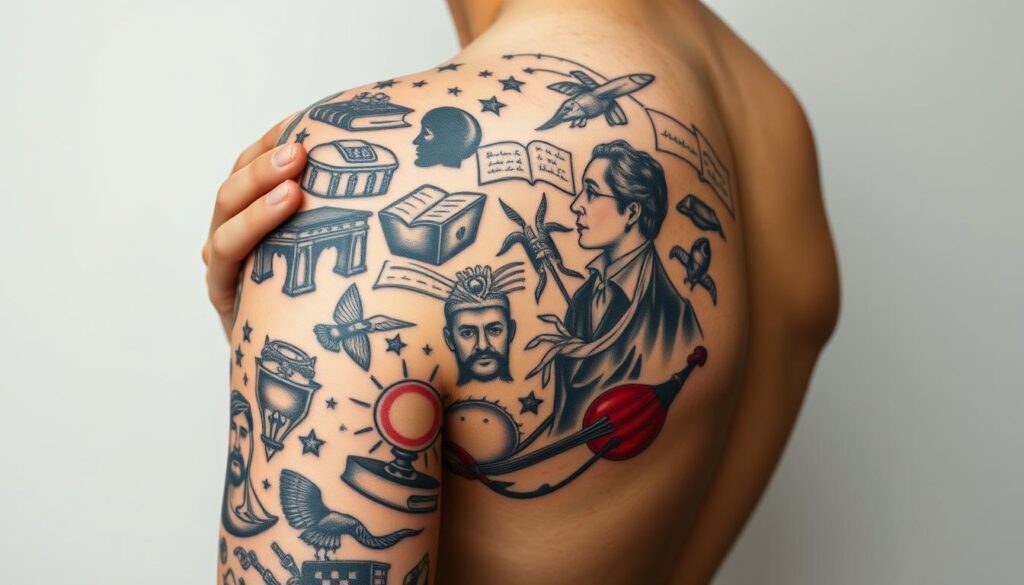 Generate an image of a person with a tattoo inspired by classic literature