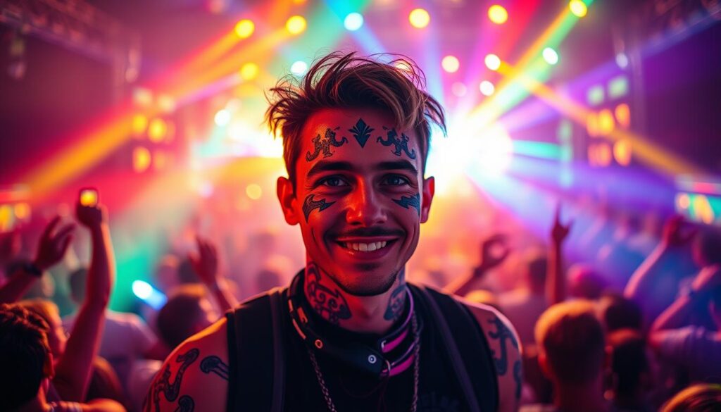 Generate an image of a person with a temporary face tattoo at a music festival