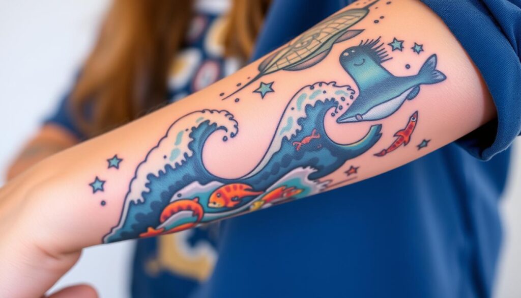 Generate an image of a person with an ocean tattoo on their forearm.