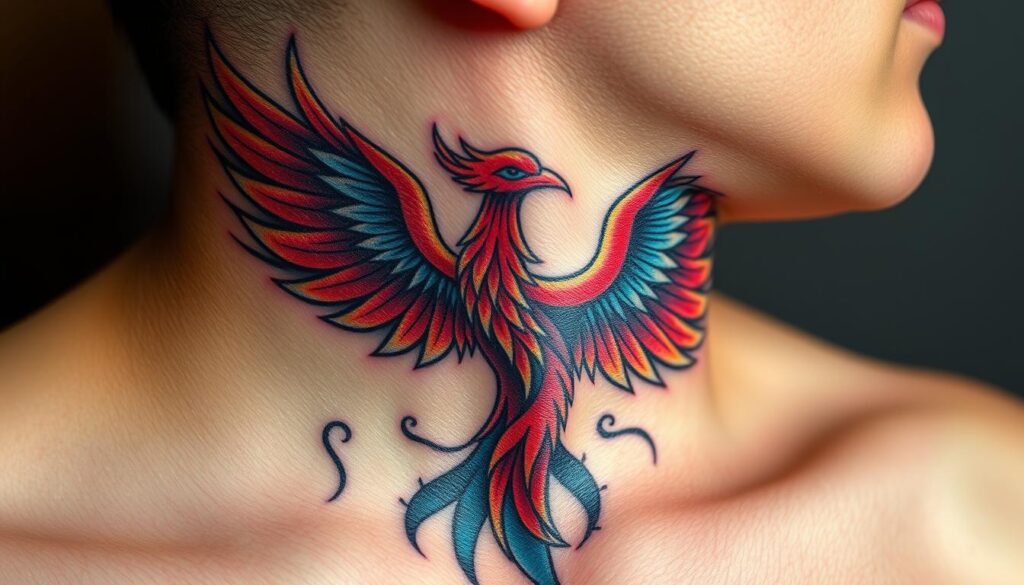Generate an image of a phoenix tattoo on the neck, showcasing vibrant colors and detailed design.