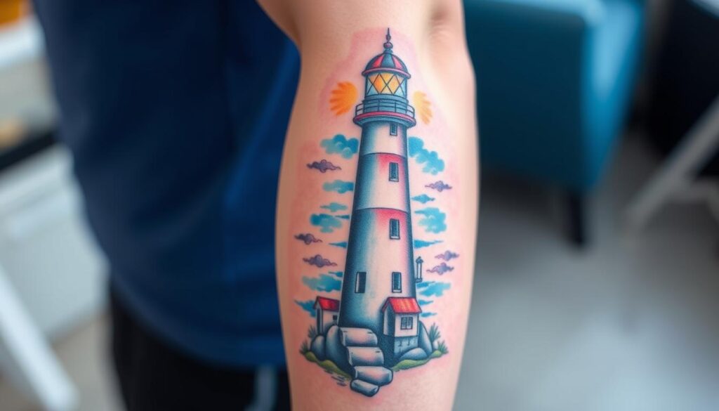 Generate an image of a realistic lighthouse tattoo on a person's arm, showcasing intricate details and color.