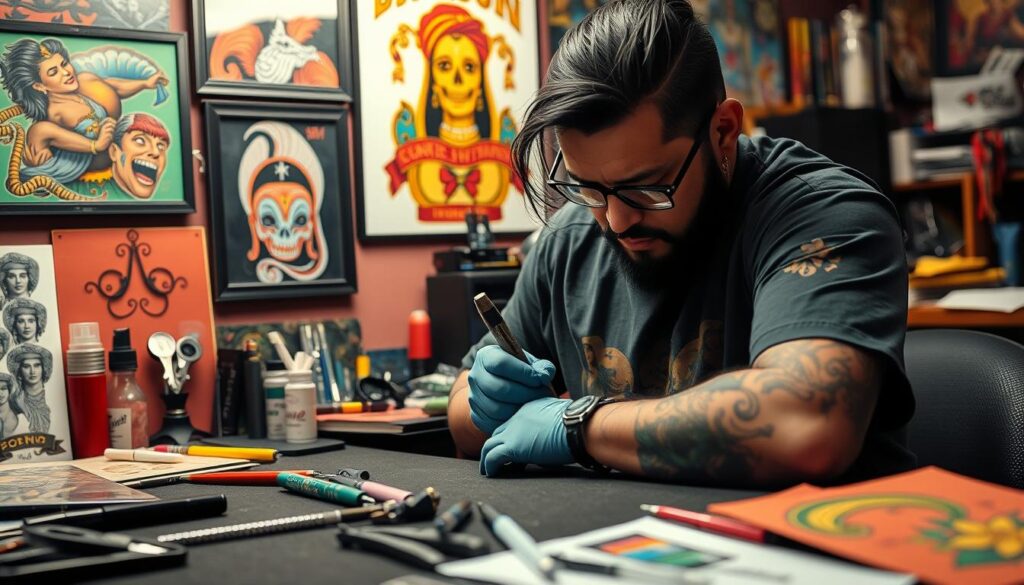 Generate an image of a renowned Chicano tattoo artist at work in their studio.