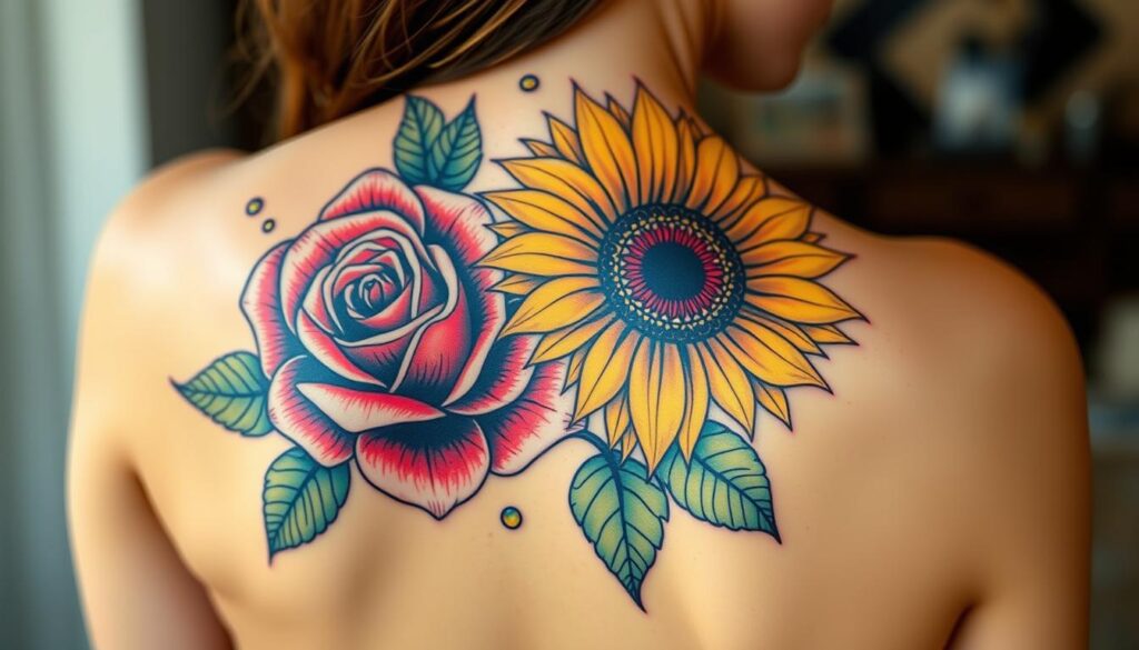 Generate an image of a rose and sunflower tattoo design on a woman's back.