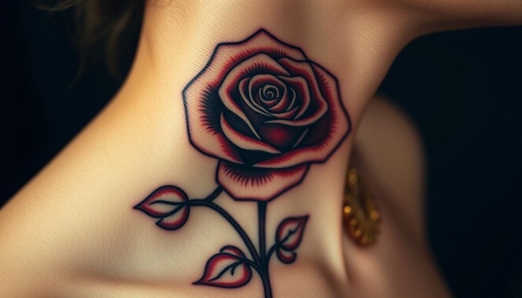 Generate an image of a rose tattoo on the neck, highlighting its beauty and detail.